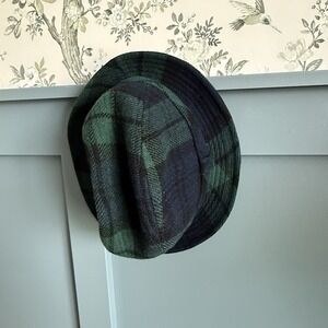 Vintage Pendleton 100% Virgin Wool Fedora Hat XL Blue Green Plaid Tartan USA F/W